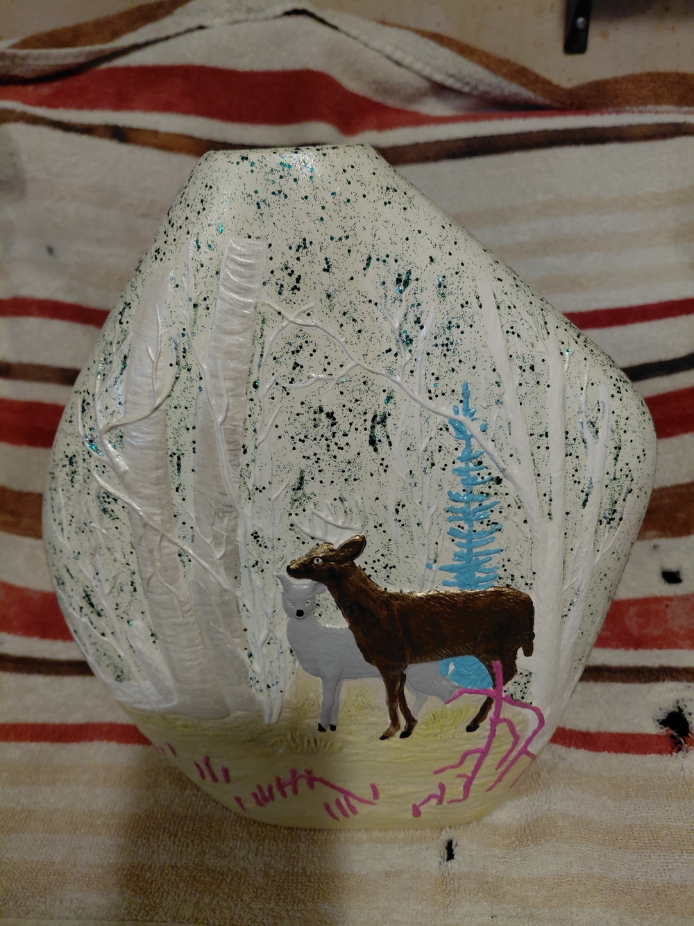 Hand-Painted Winter Deer Ceramic Vase - White and Brown